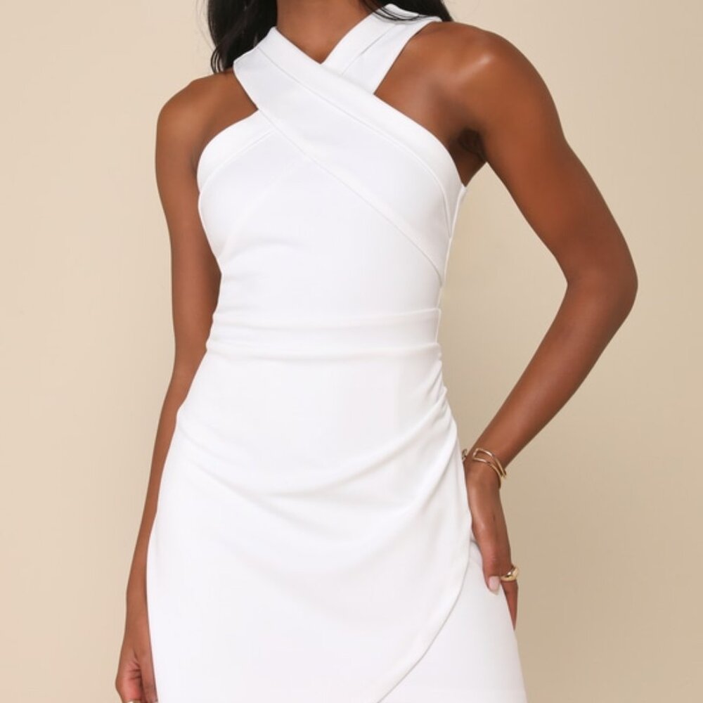 Lulus Headed To Cocktail Hour White Halter Tulip Mini Dress - Size L